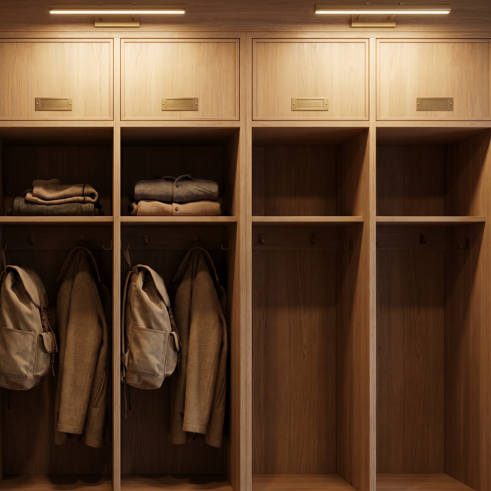 Brass-labelled family cubbies