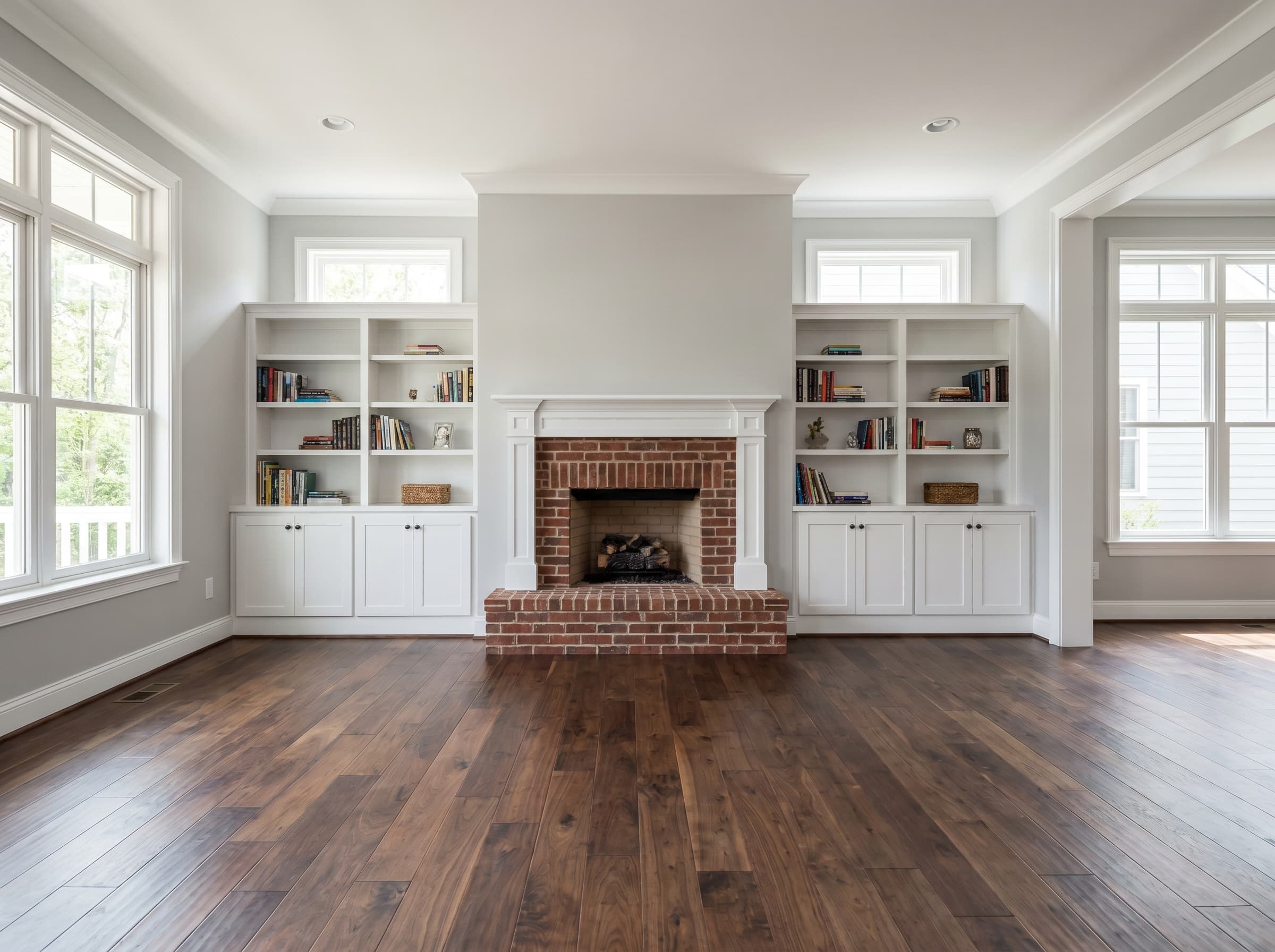 Cumming, GA · Fireplace flanked by white shaker built-in bookshelves.