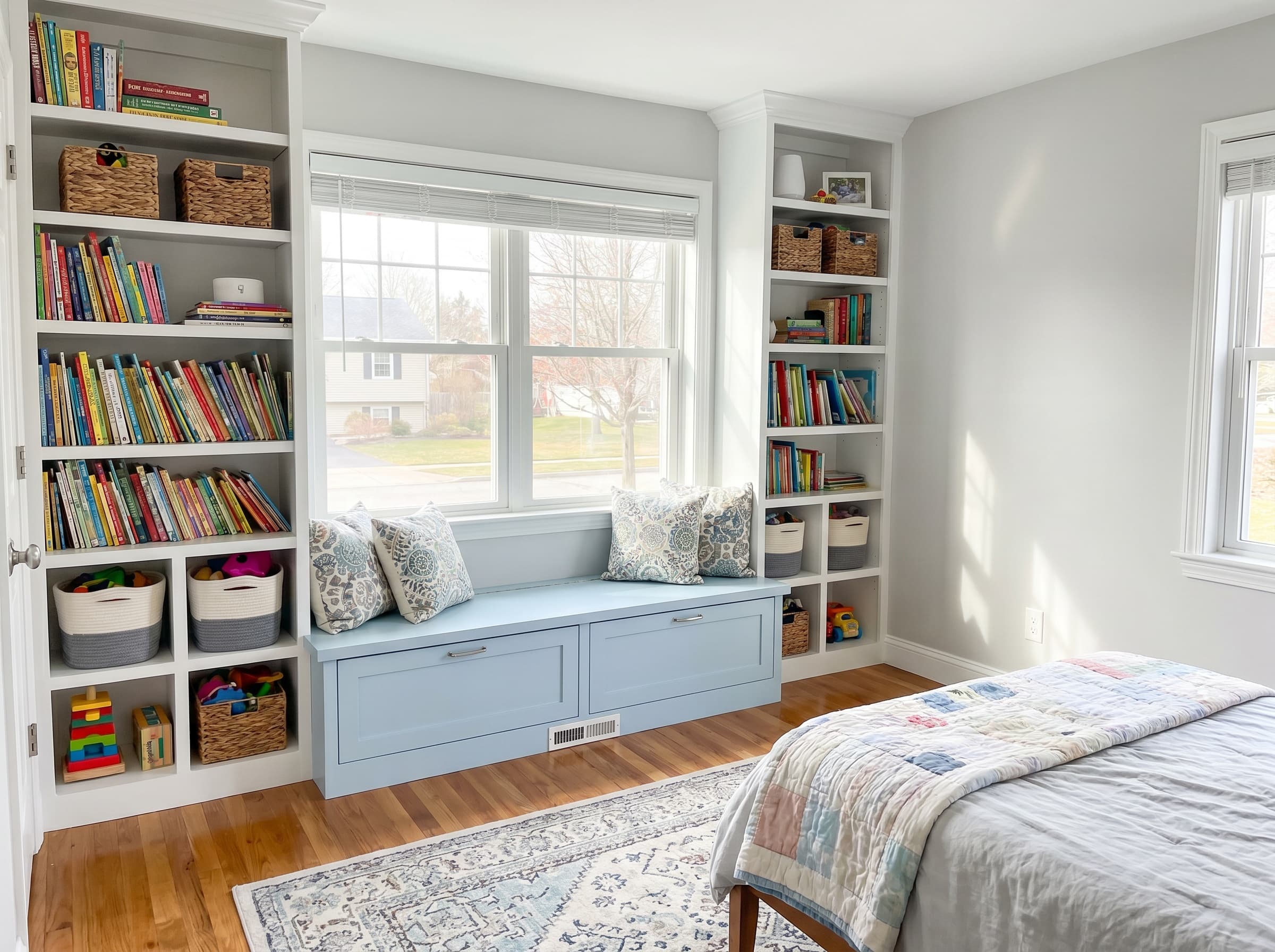 Decatur, GA · Powder-blue shaker kid's window-seat with bookshelf cubbies.