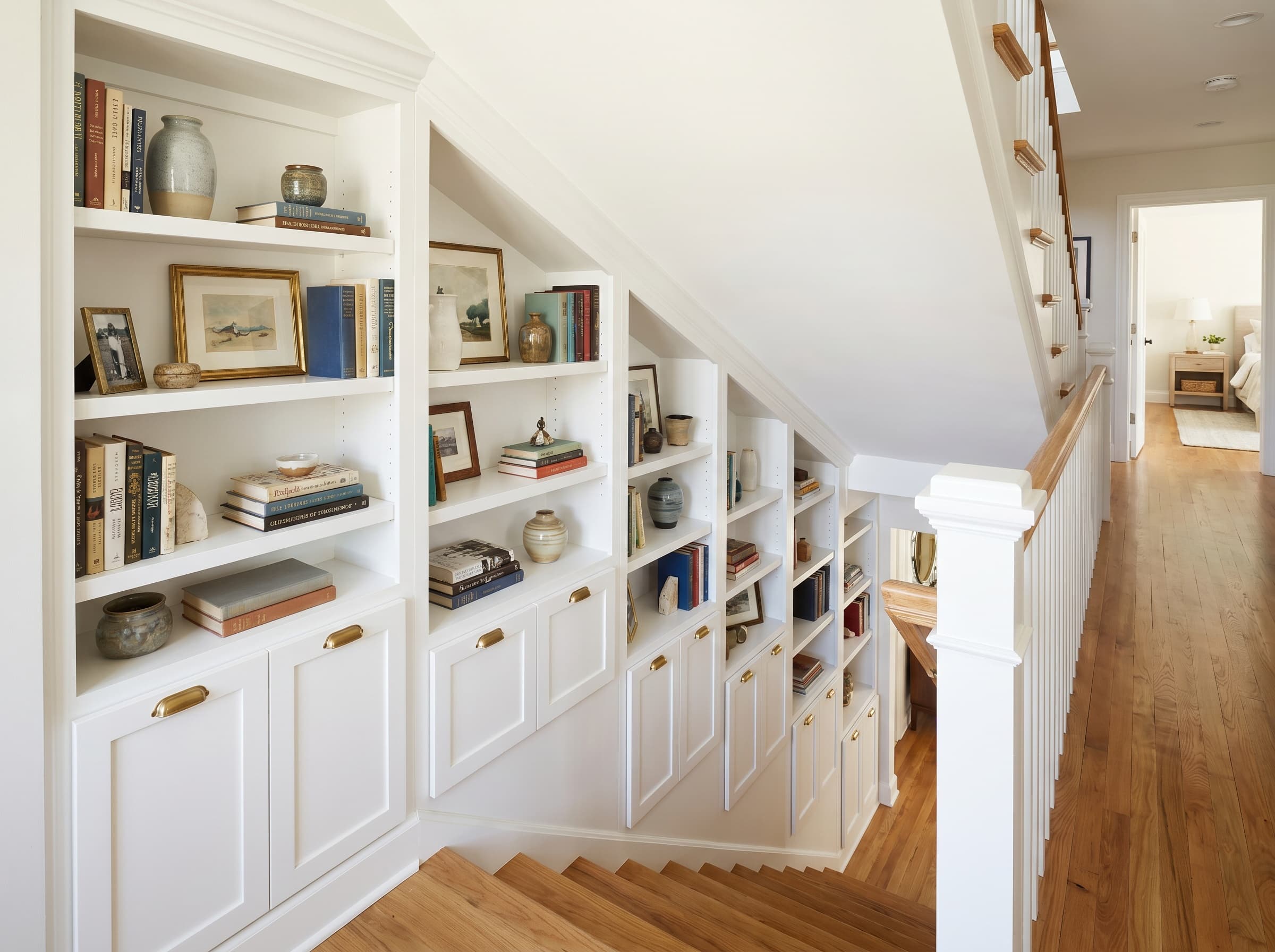 Dunwoody, GA · Stairwell-wall built-in bookshelves following the slope.