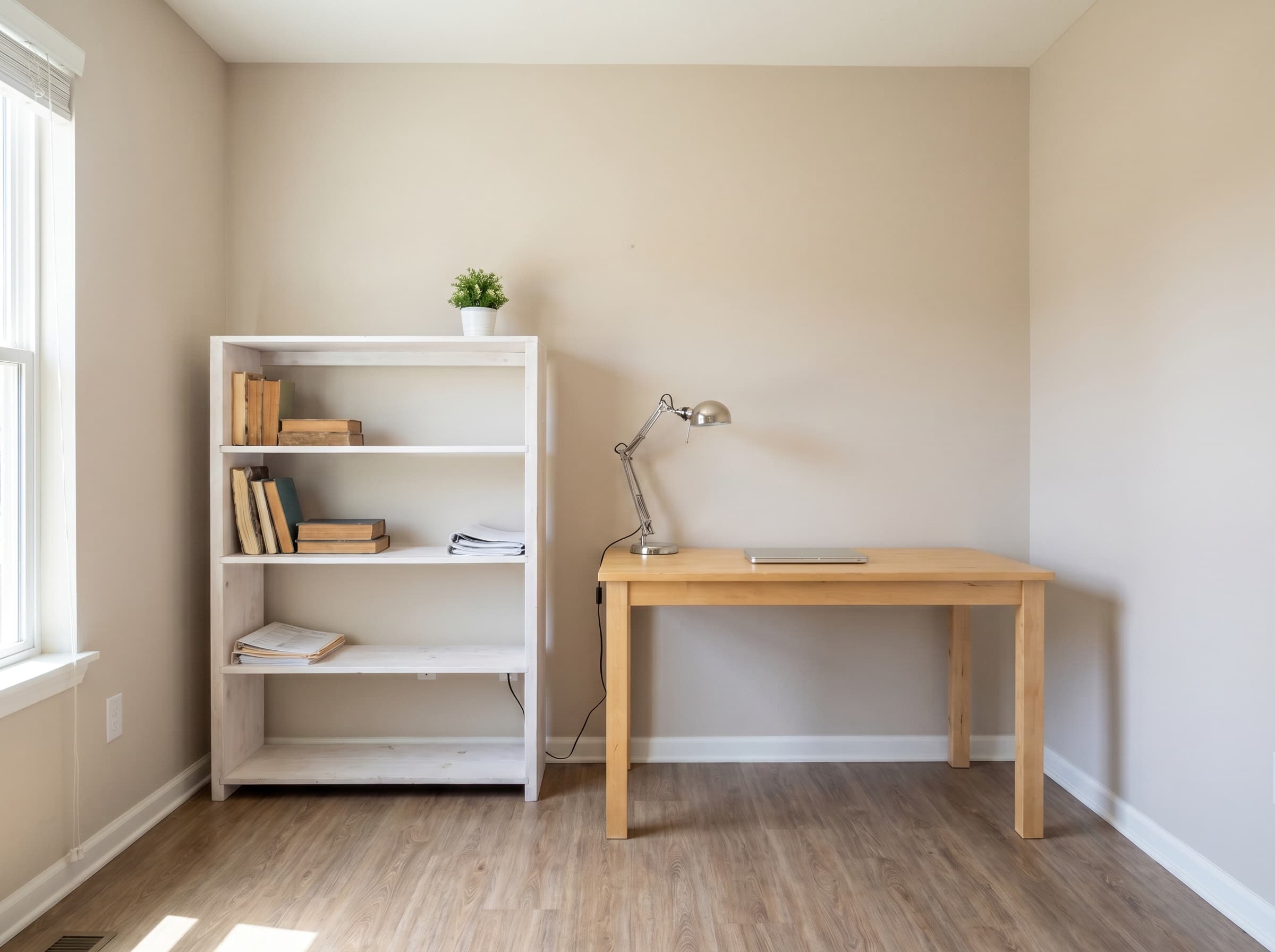 Smyrna, GA · Small office with simple white open shelving and basic desk.