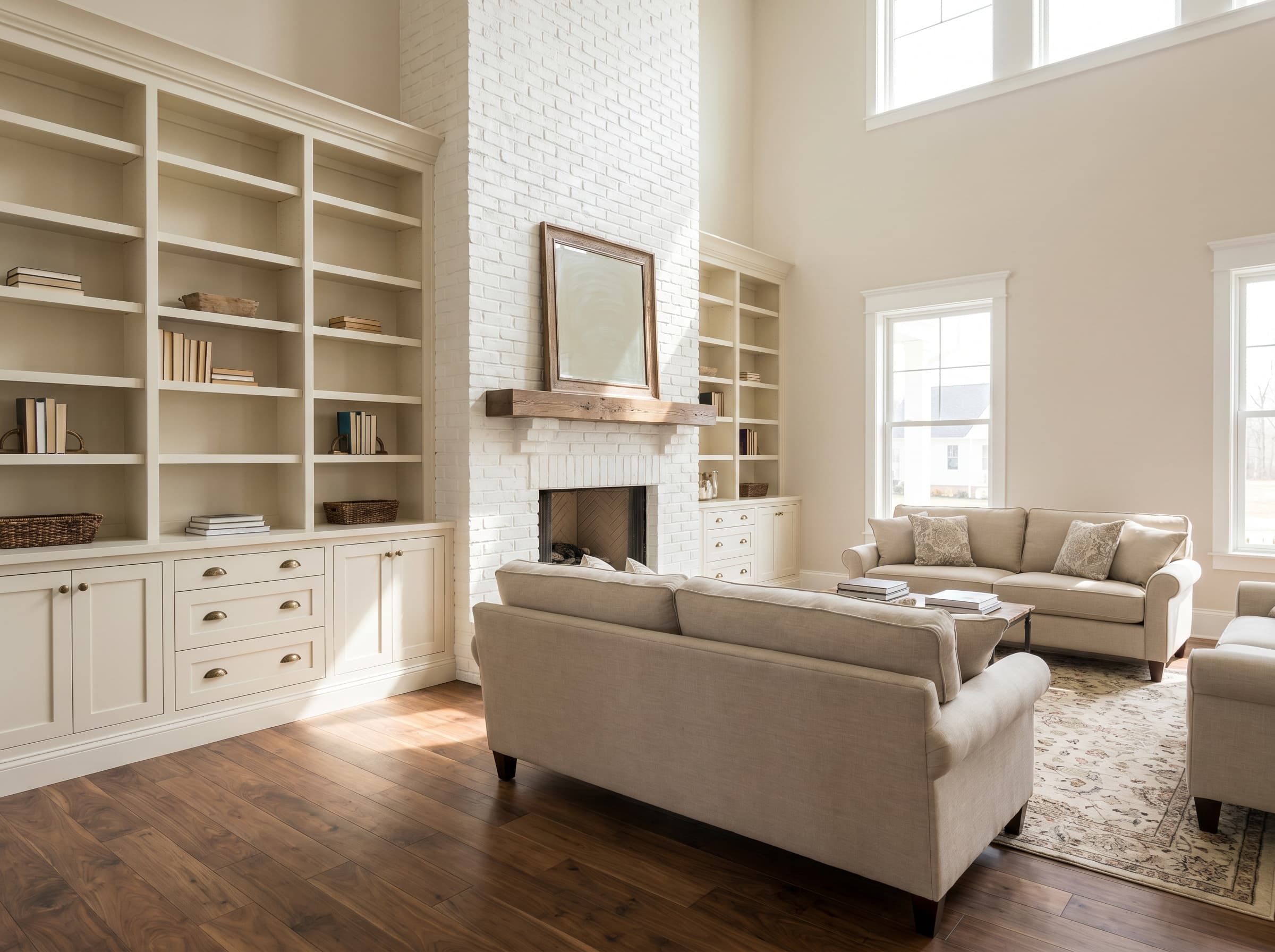 Suwanee, GA · Cream shaker bookshelves on both sides of a brick fireplace.
