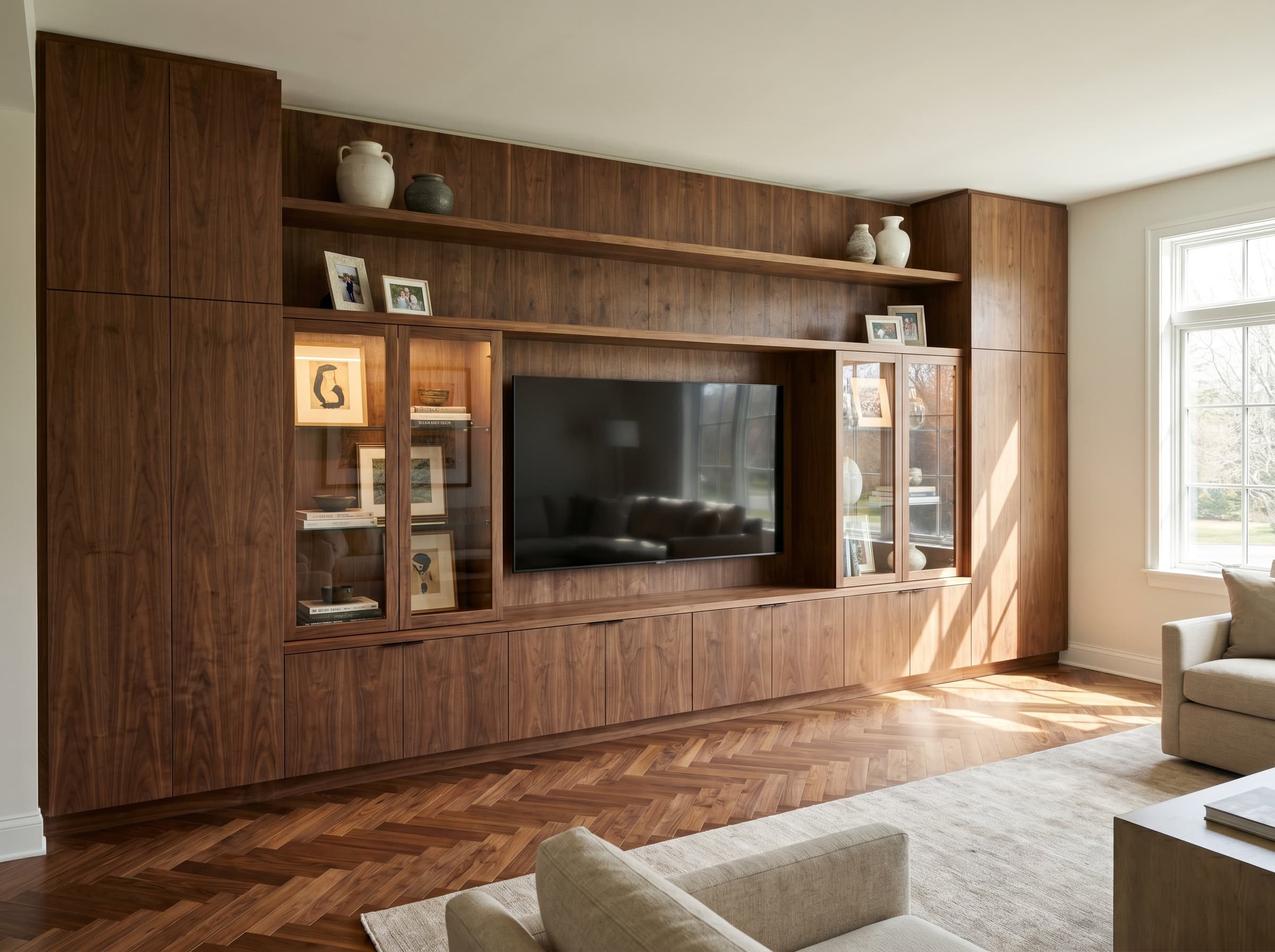 Woodstock, GA · Full walnut slab media wall with recessed TV niche.