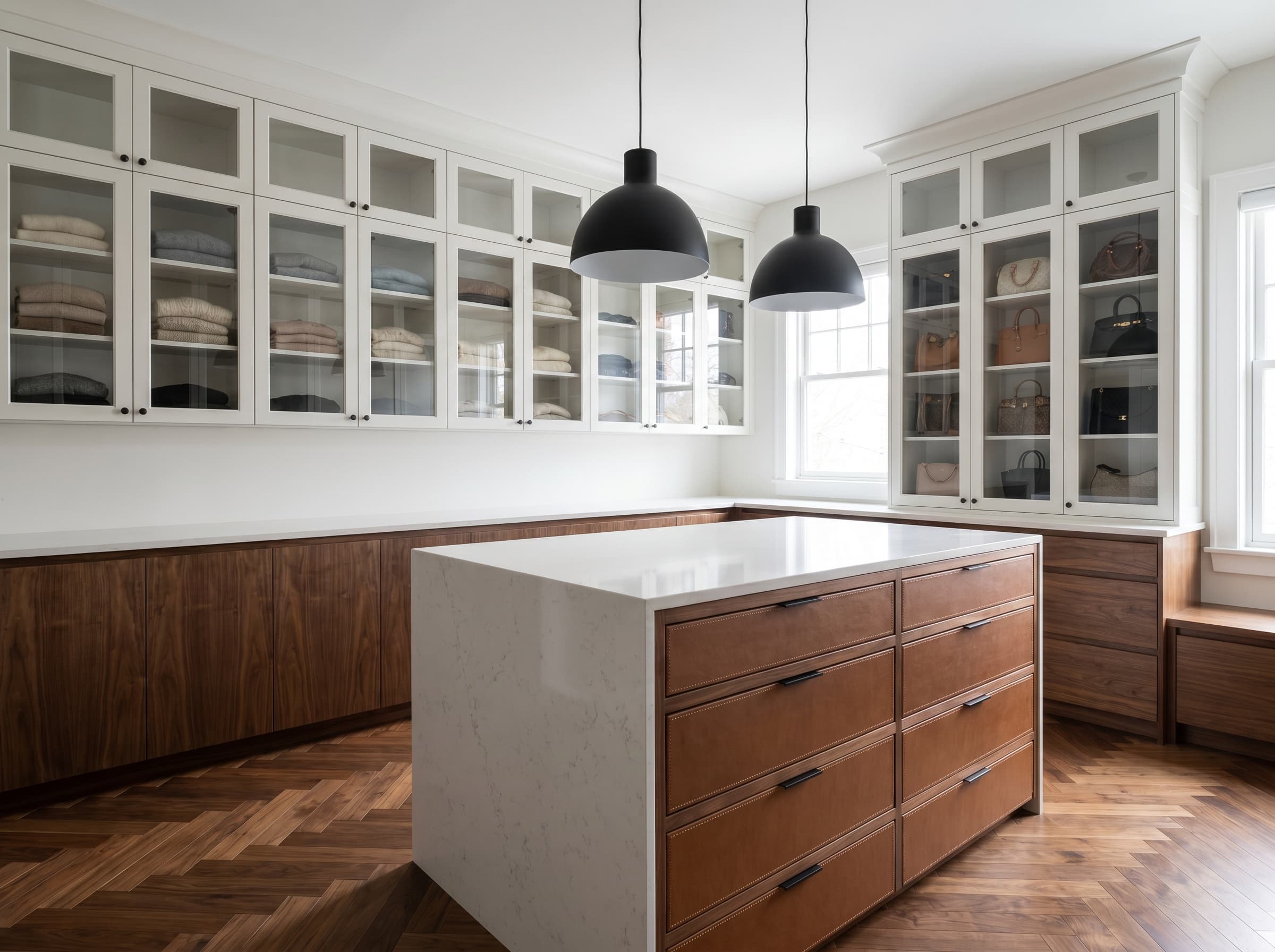 Decatur, GA · Boutique walk-in with glass-front uppers and walnut island.