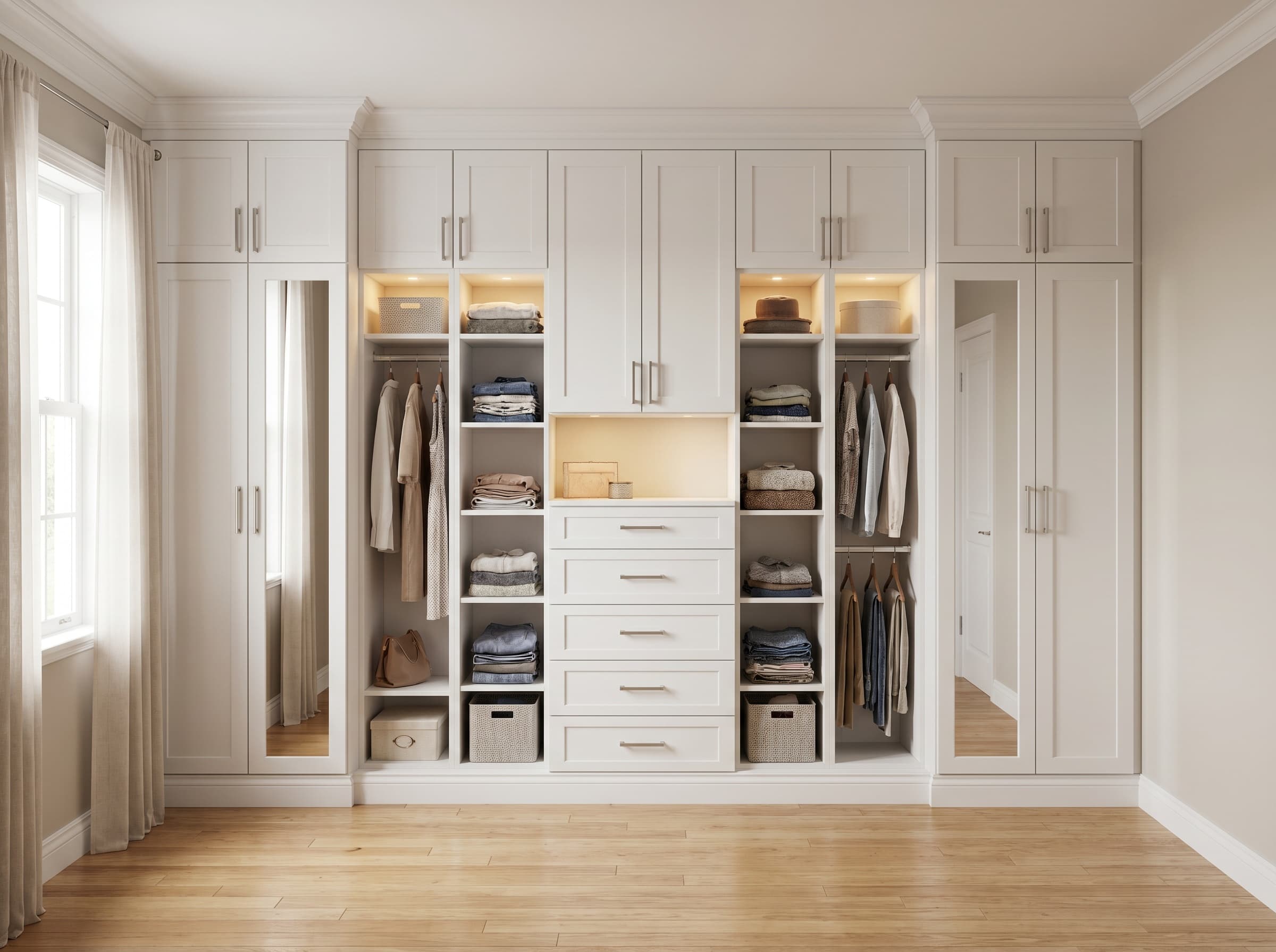 Roswell, GA · Built-in wardrobe wall with mirrored doors and drawer stack.