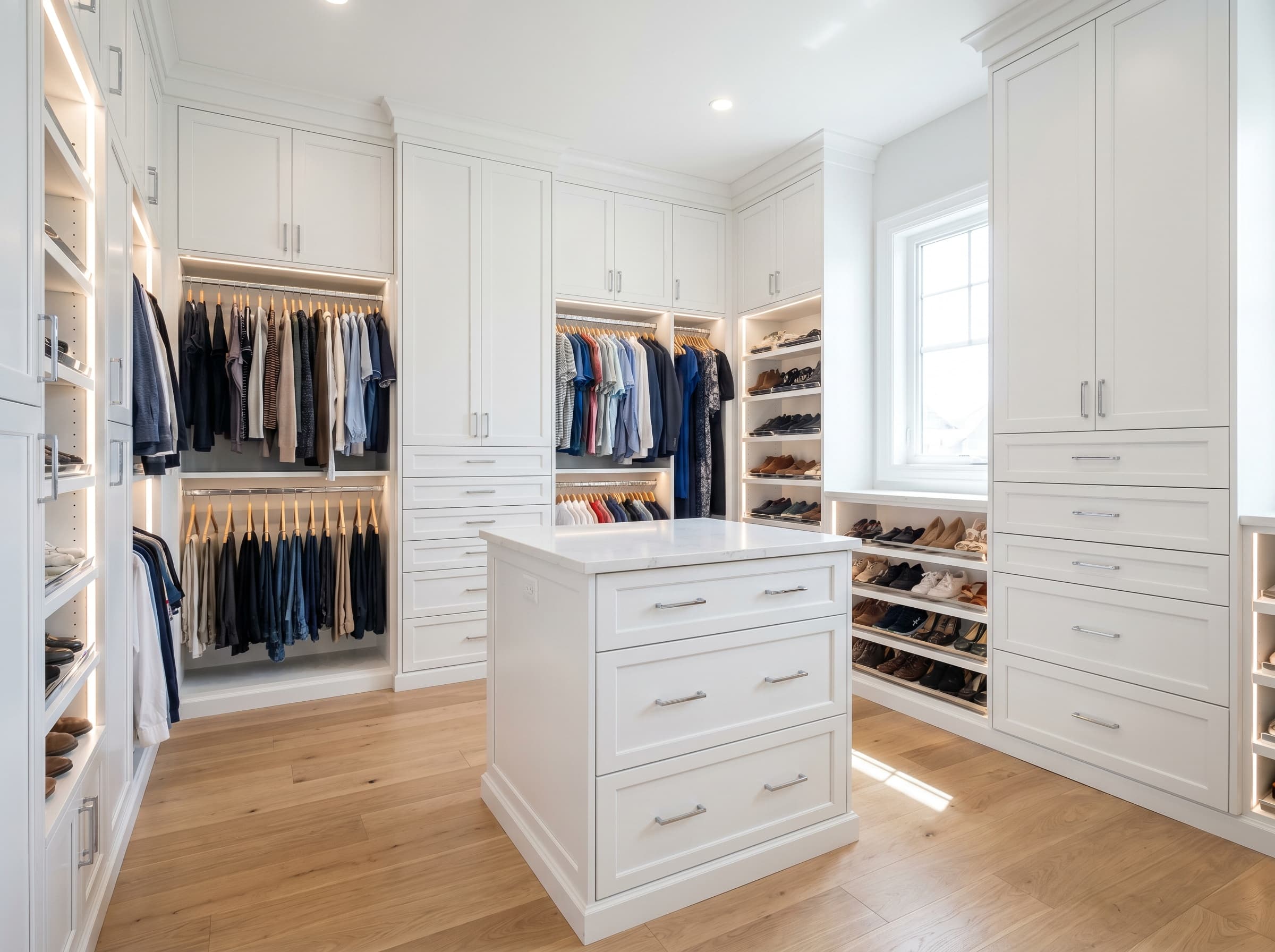 Suwanee, GA · White shaker walk-in with quartz-topped center island.