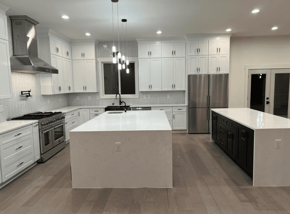 Cumming, GA · U-shape white shaker kitchen with quartz countertops.