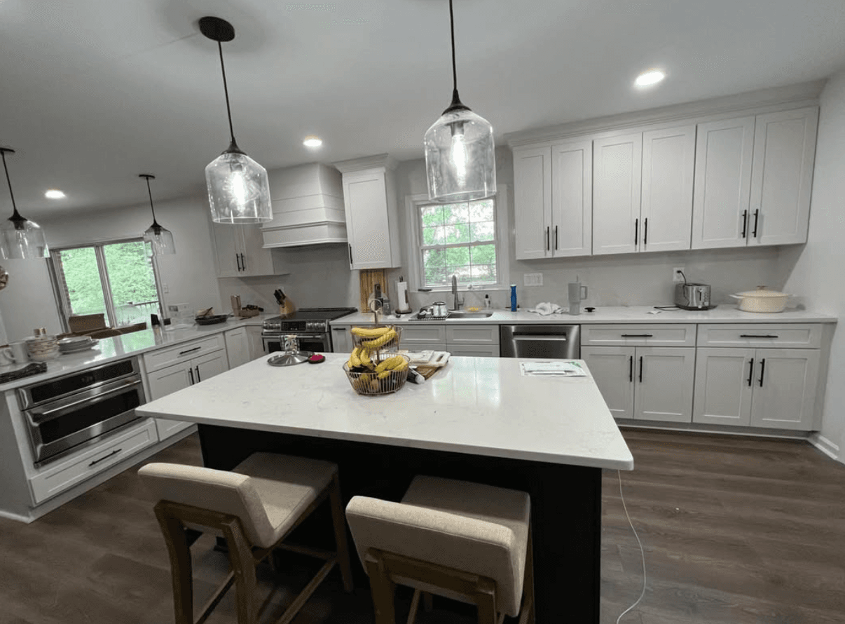 Lawrenceville, GA · White perimeter with painted island and quartz waterfall.