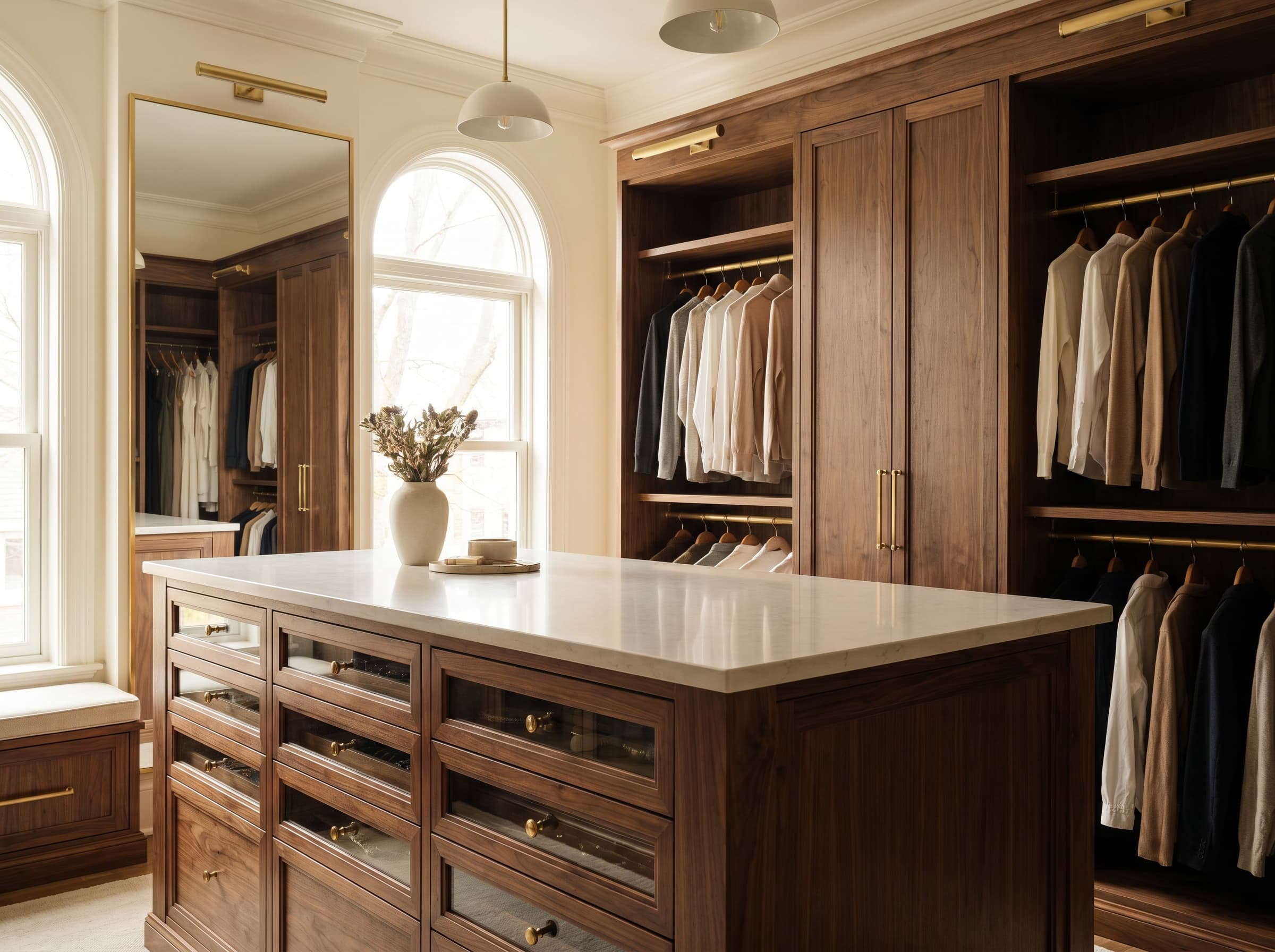 Walnut walk-in with brass rods