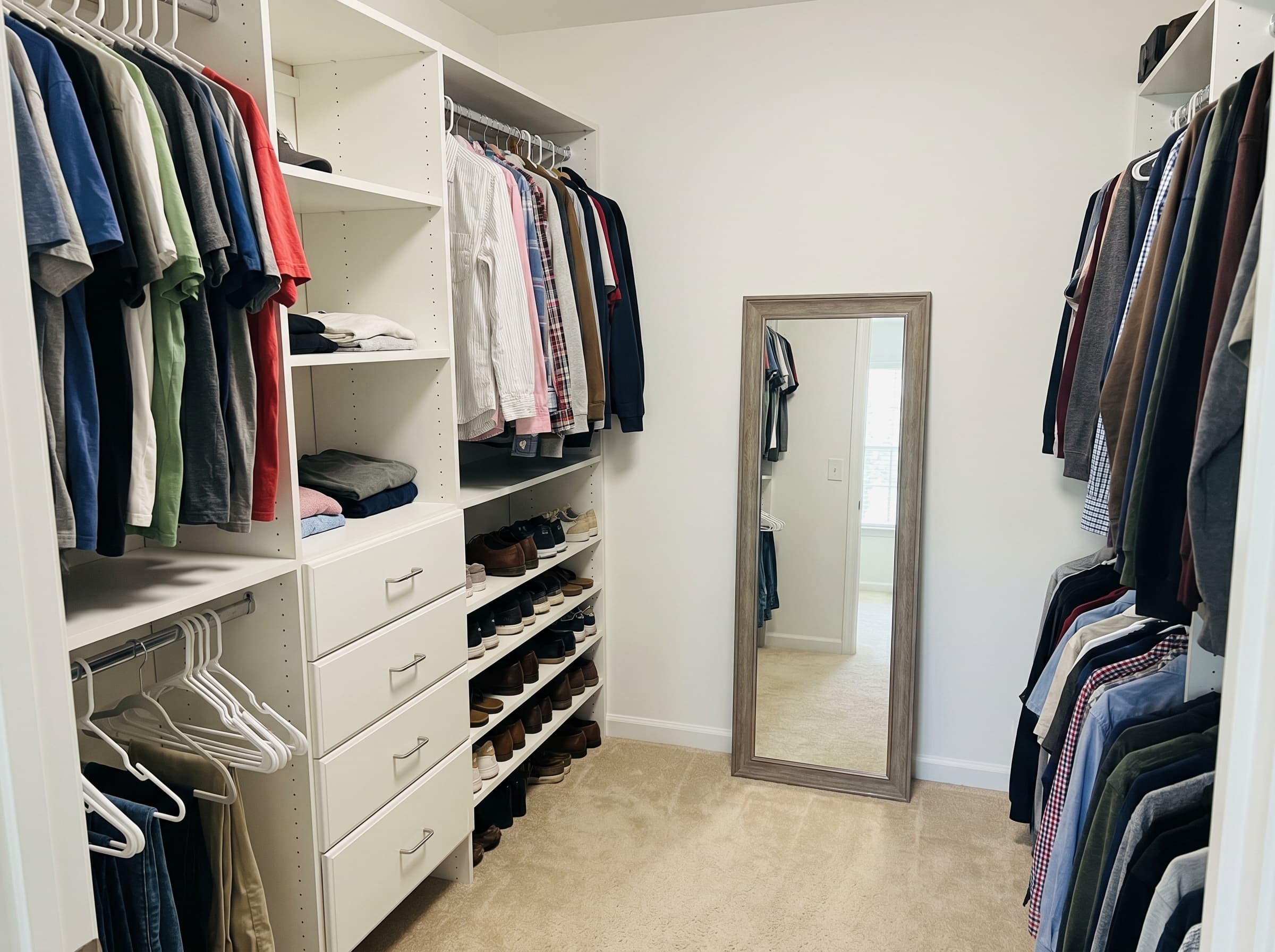 Suwanee, GA · Modest walk-in with towers, drawers, and shoe shelves.