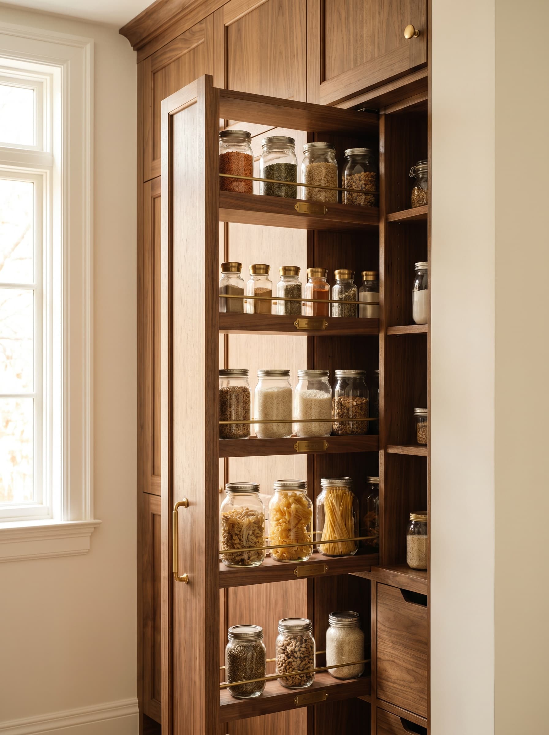 Pantry pull-out tower with adjustable shelves