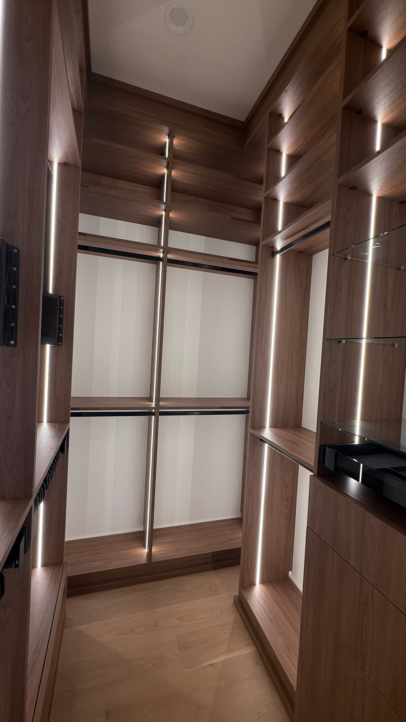 Milton, GA · Walk-in closet with double-hang, drawers, and shoe shelves.