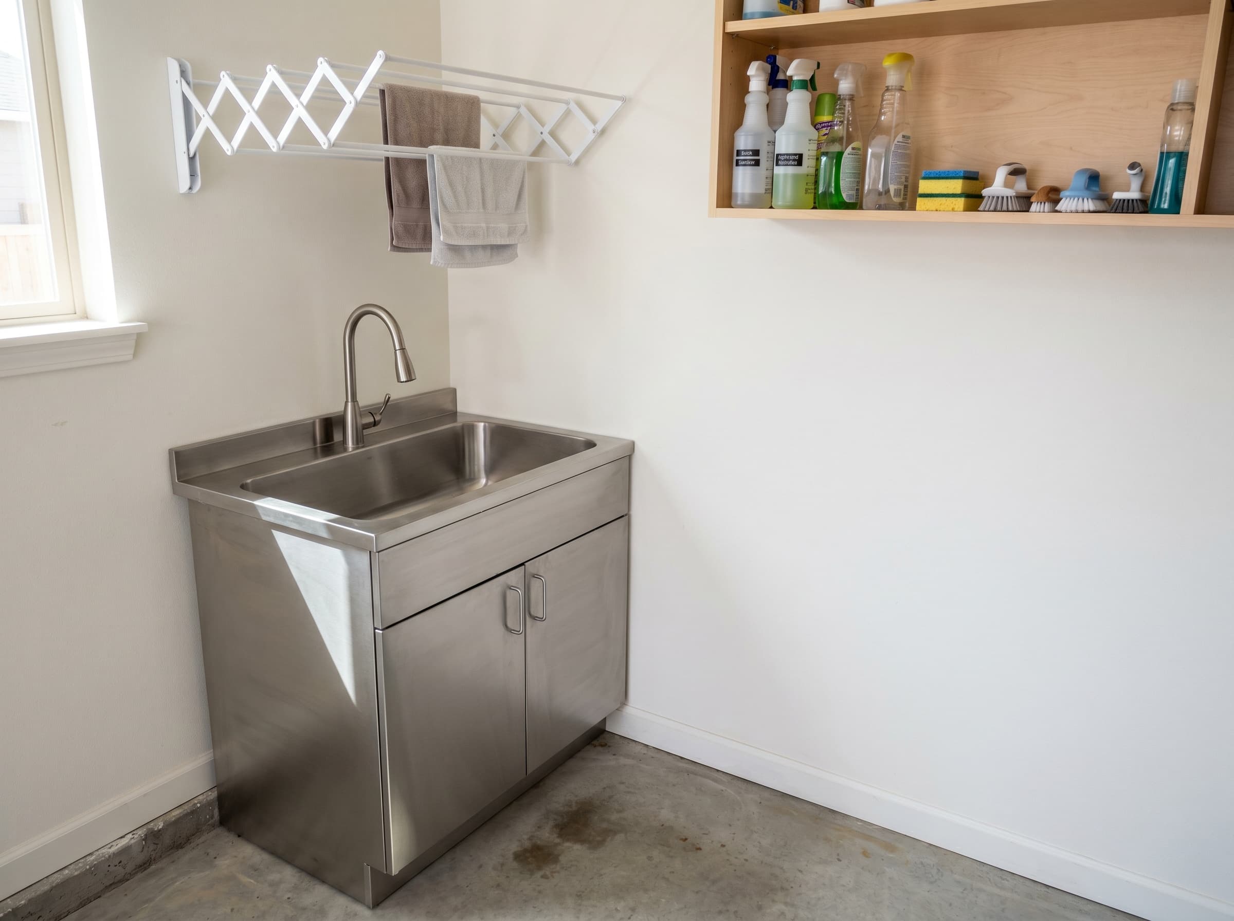 Buford, GA · Utility corner with slop sink, folding clothes rack, and supplies.