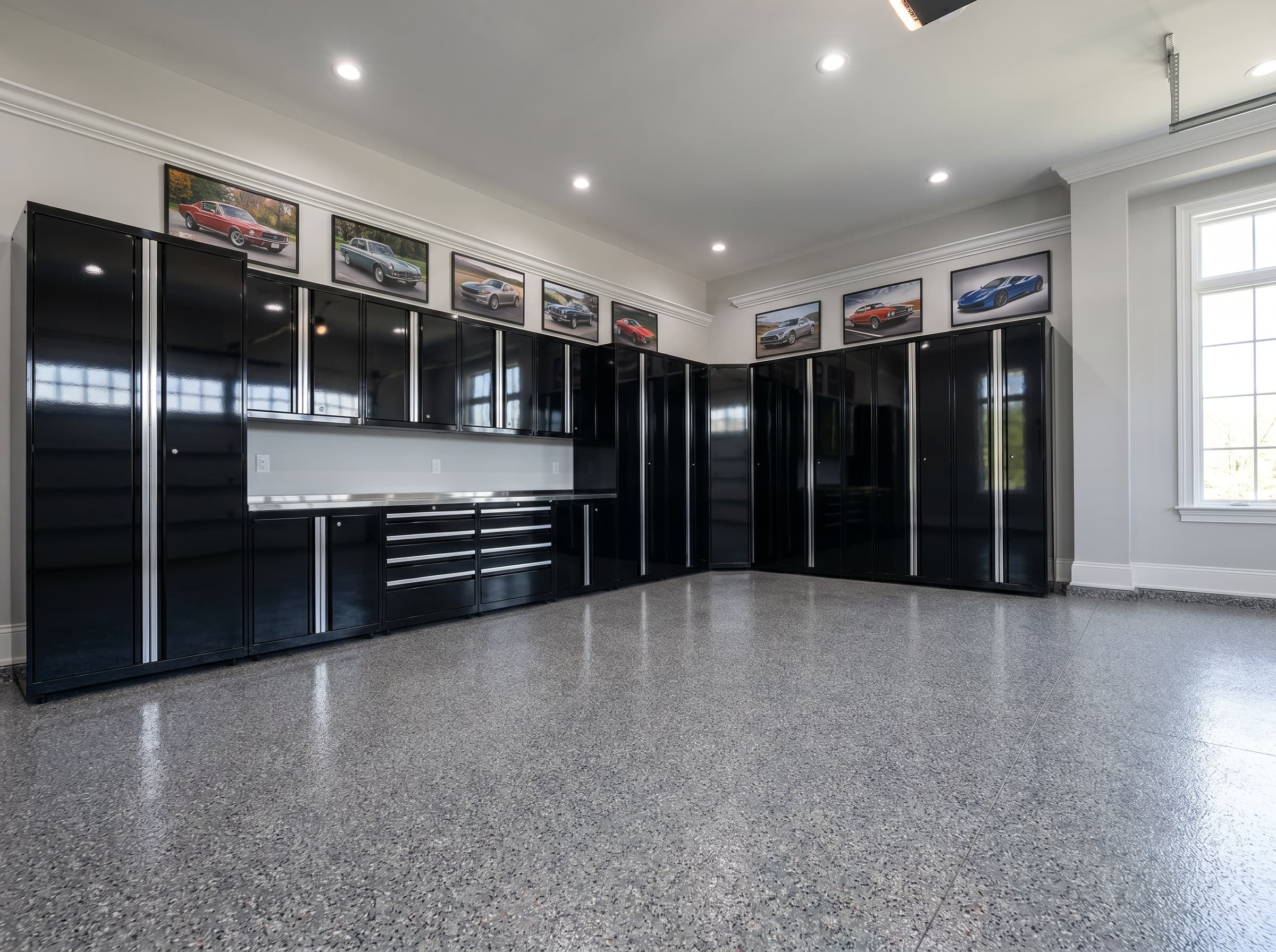 Decatur, GA · Luxury 3-car showroom with high-gloss black cabinets and chrome trim.