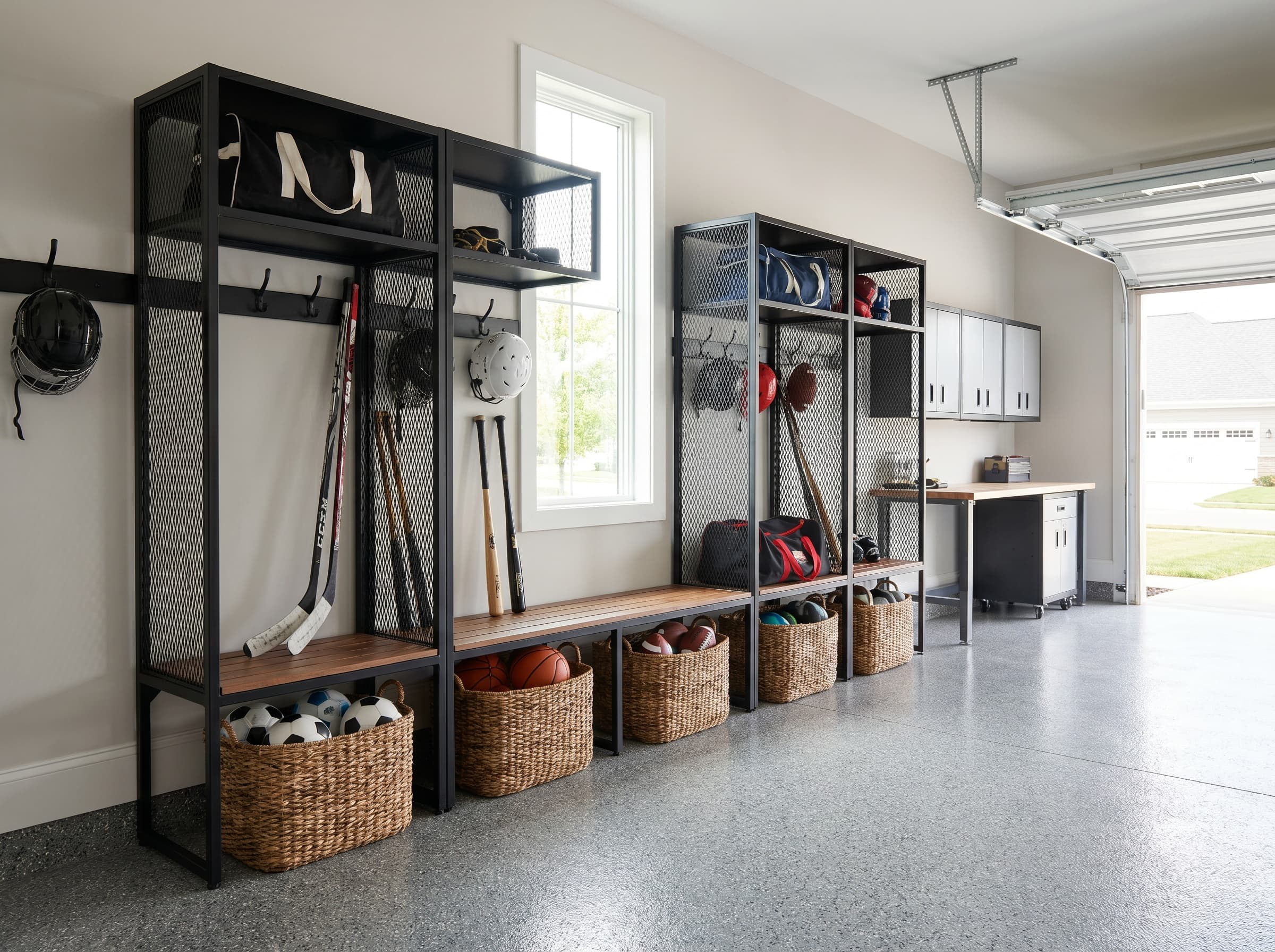 Roswell, GA · Tall open lockers for hockey, baseball, and soccer gear.