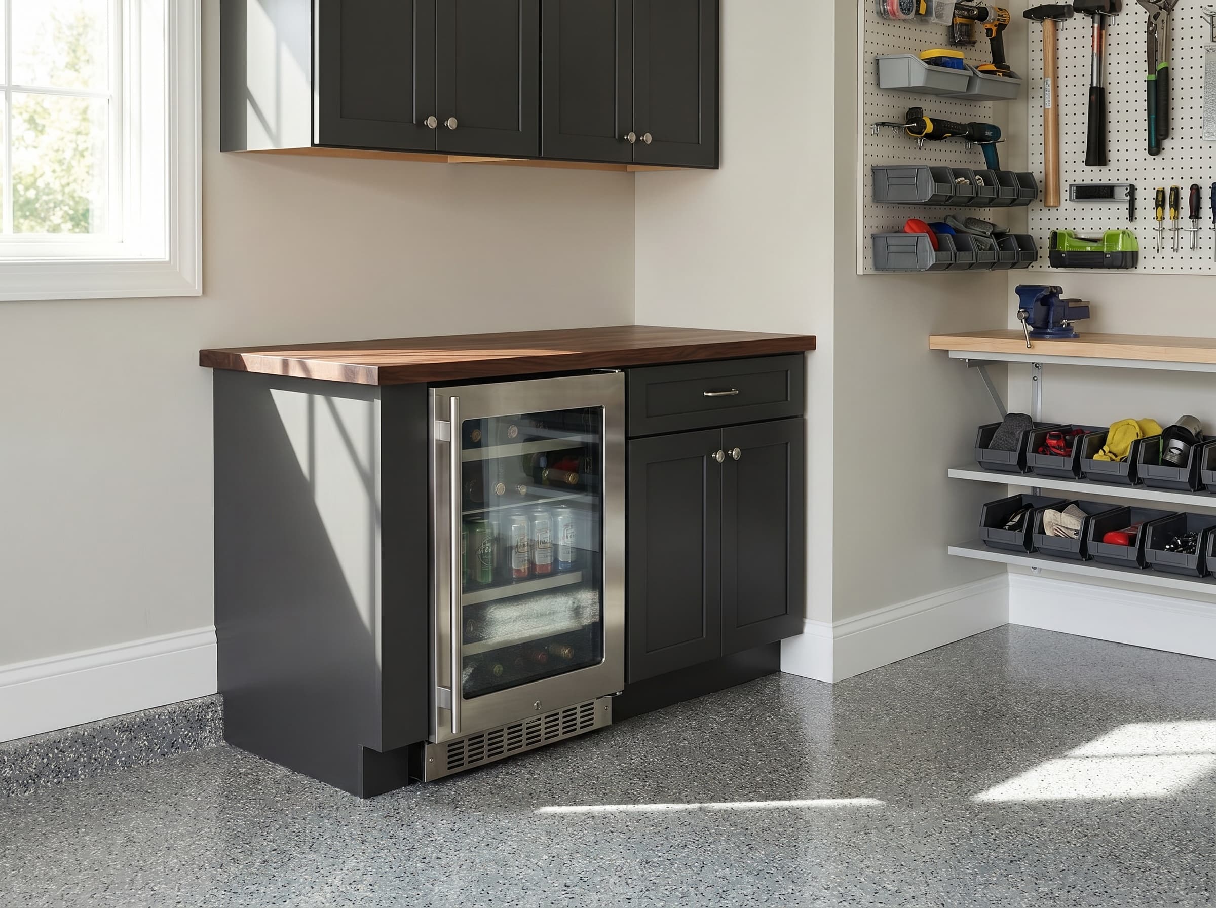 Sandy Springs, GA · Beverage-fridge nook in custom black cabinetry with butcher-block bartop.