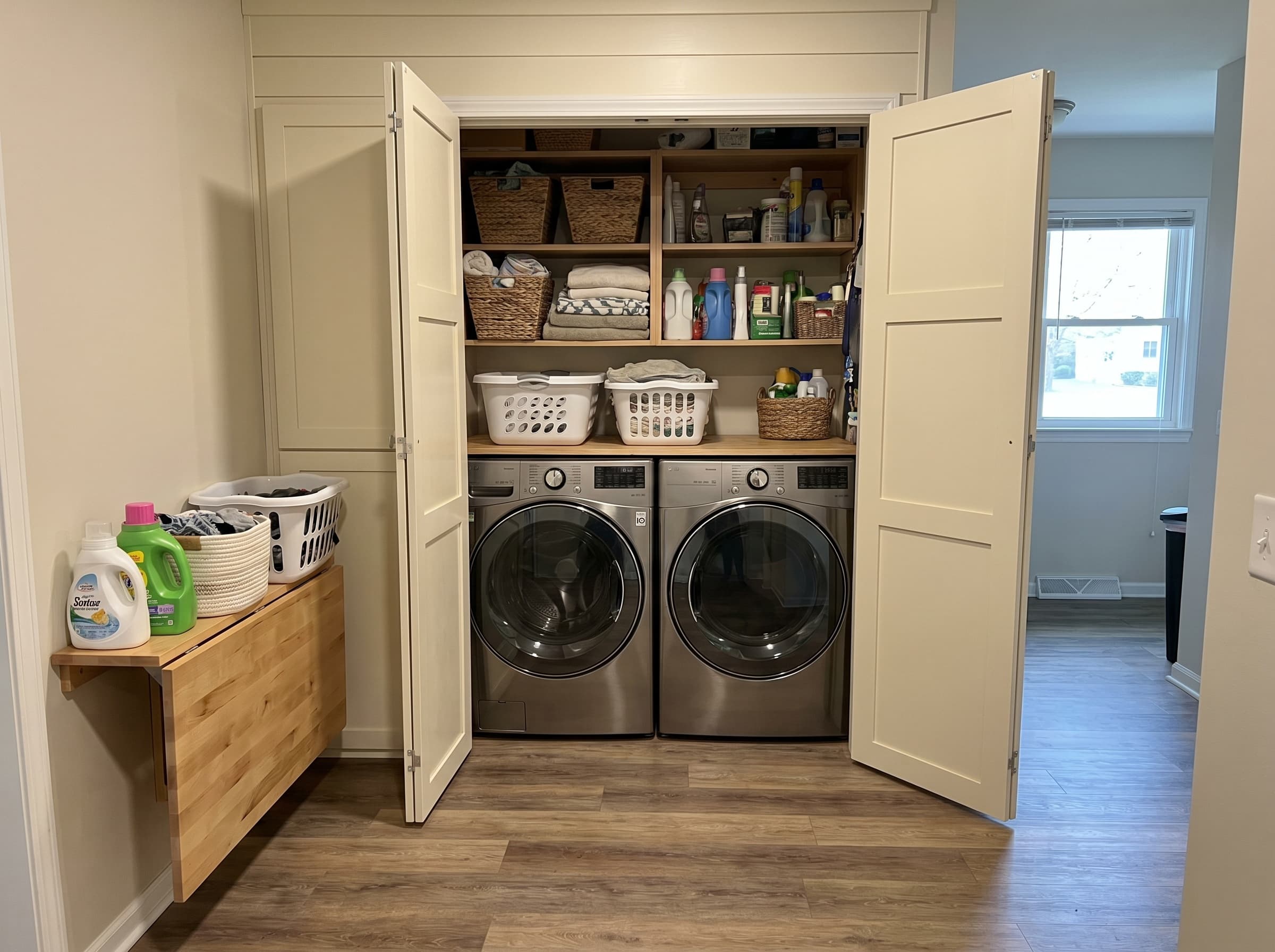 Cumming, GA · Small cream shaker laundry with carrara folding counter.