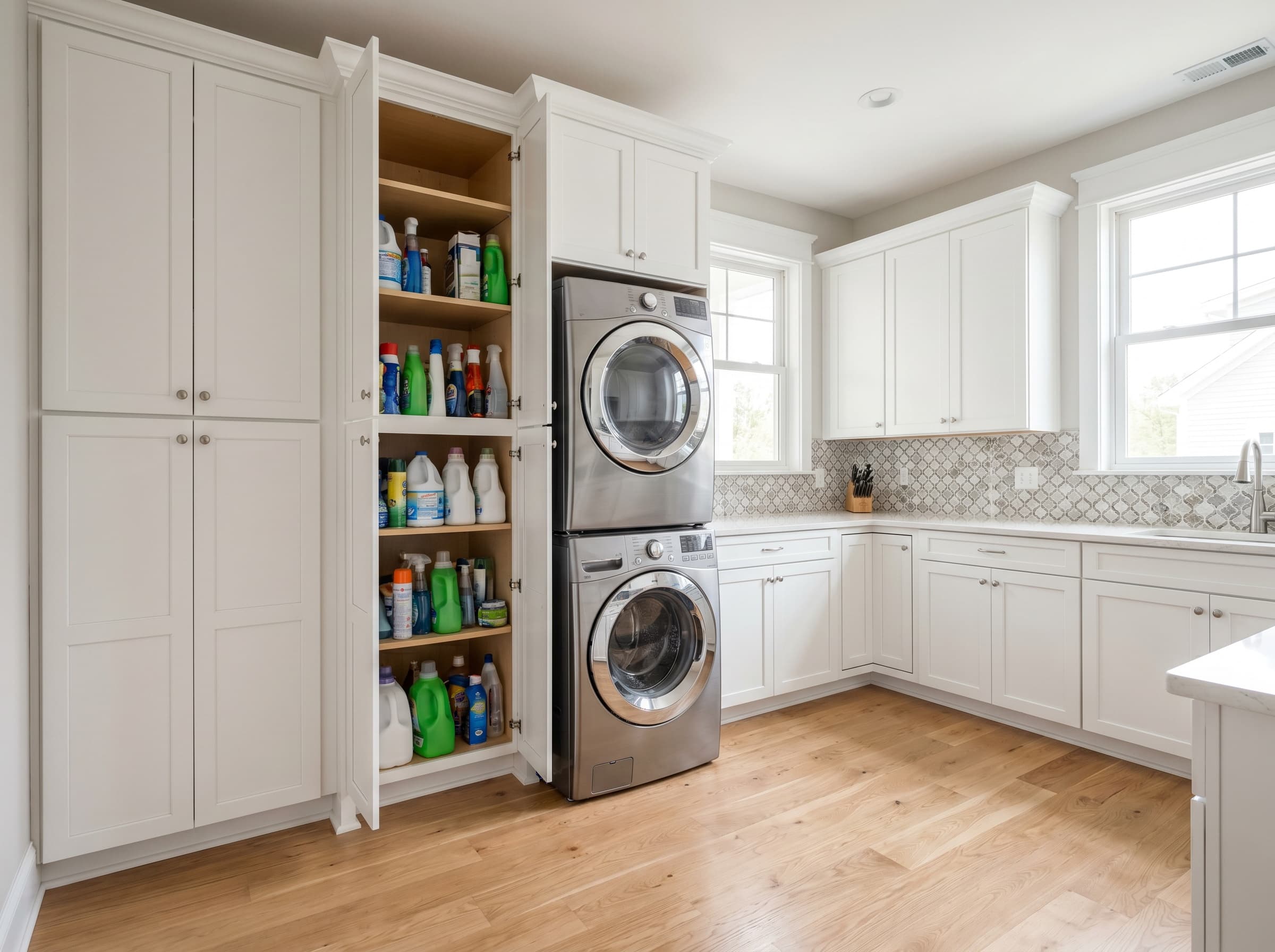 Dunwoody, GA · White shaker laundry with tall floor-to-ceiling pantry tower.