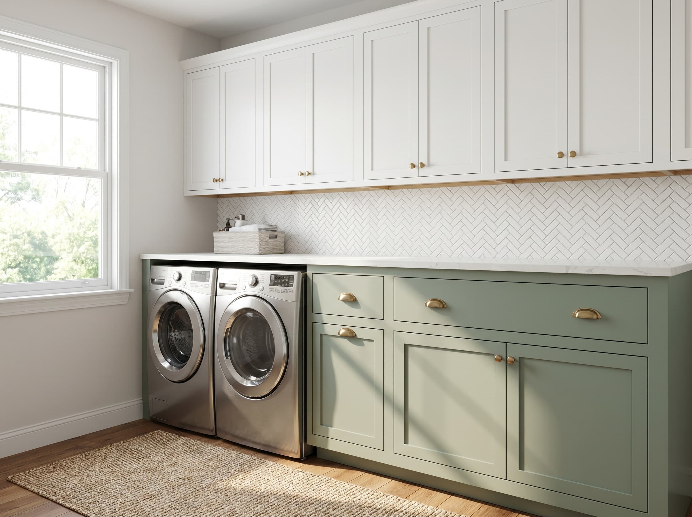 Roswell, GA · Two-tone white uppers + sage green lowers with quartz counter.