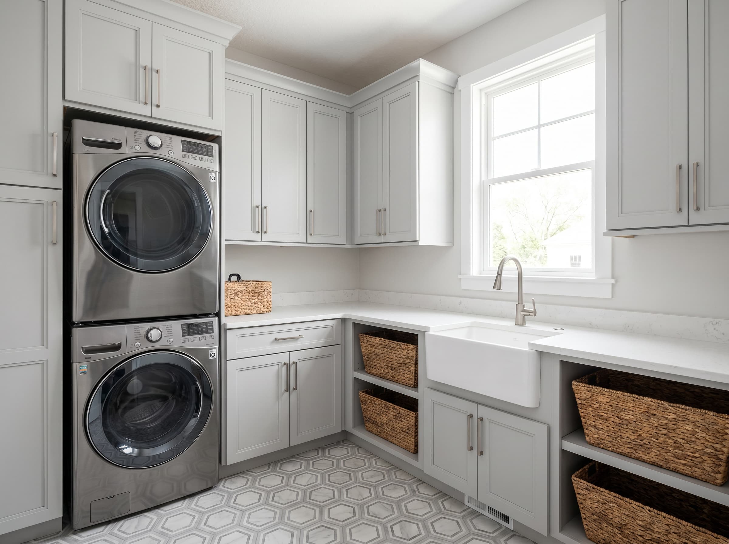 Suwanee, GA · Stacked stainless with light gray shaker cabinetry.