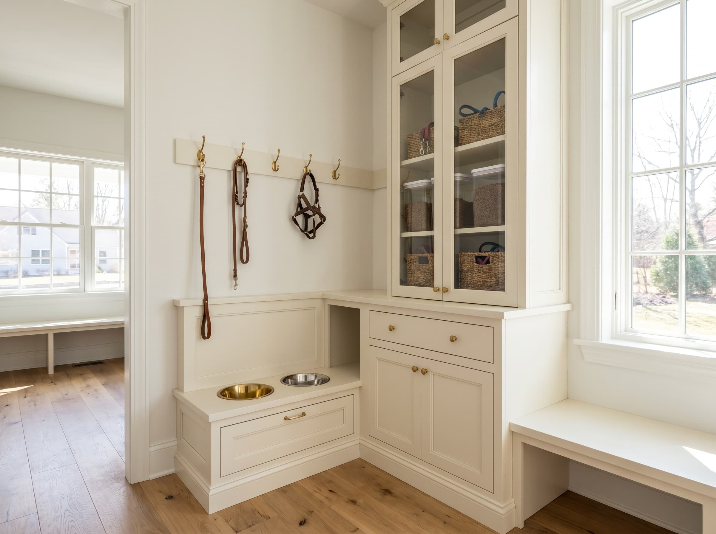 Decatur, GA · Mudroom with built-in pet feeding station in cream shaker.