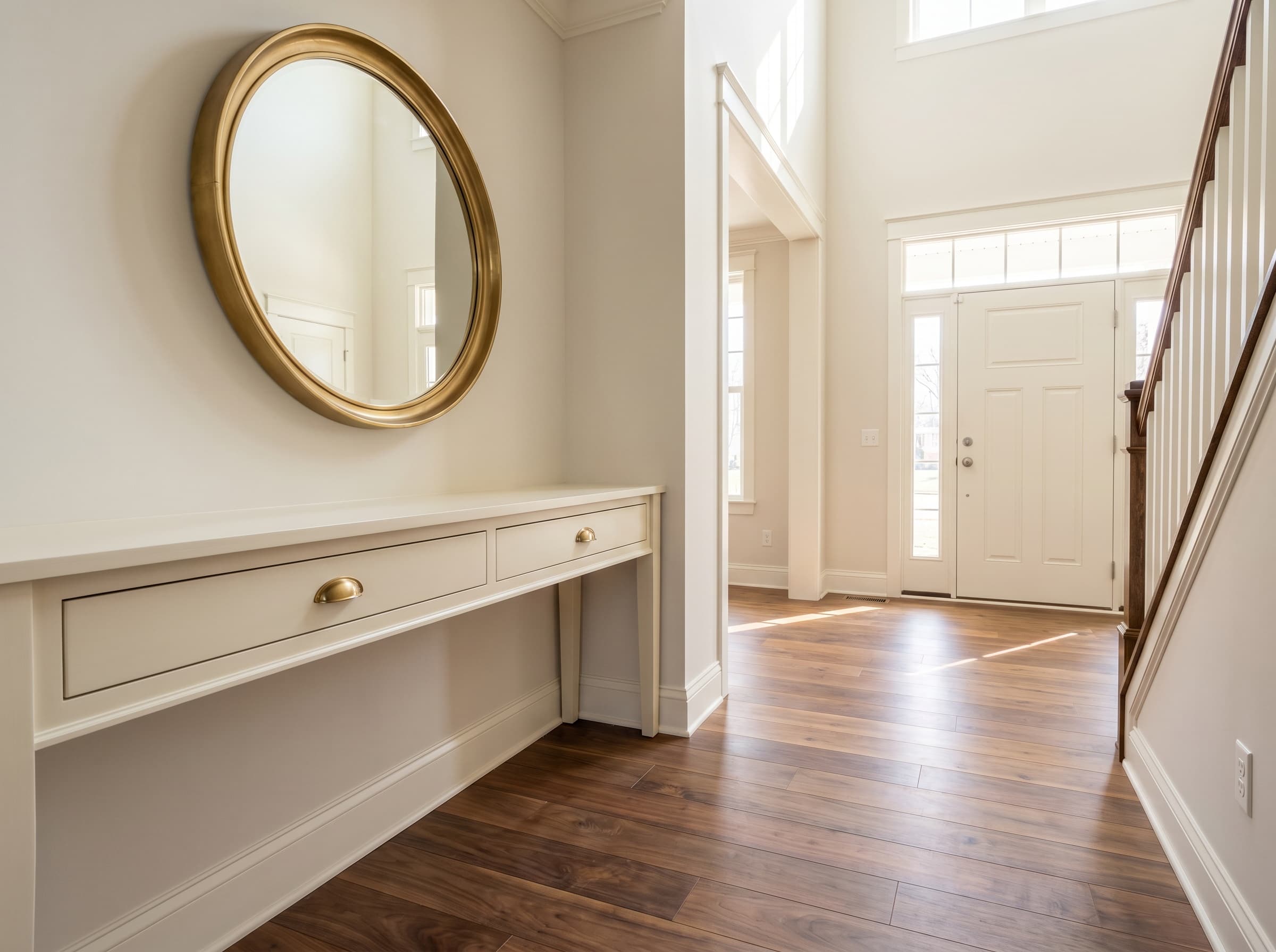 Lawrenceville, GA · Cream-painted shaker console with round brass-framed mirror.