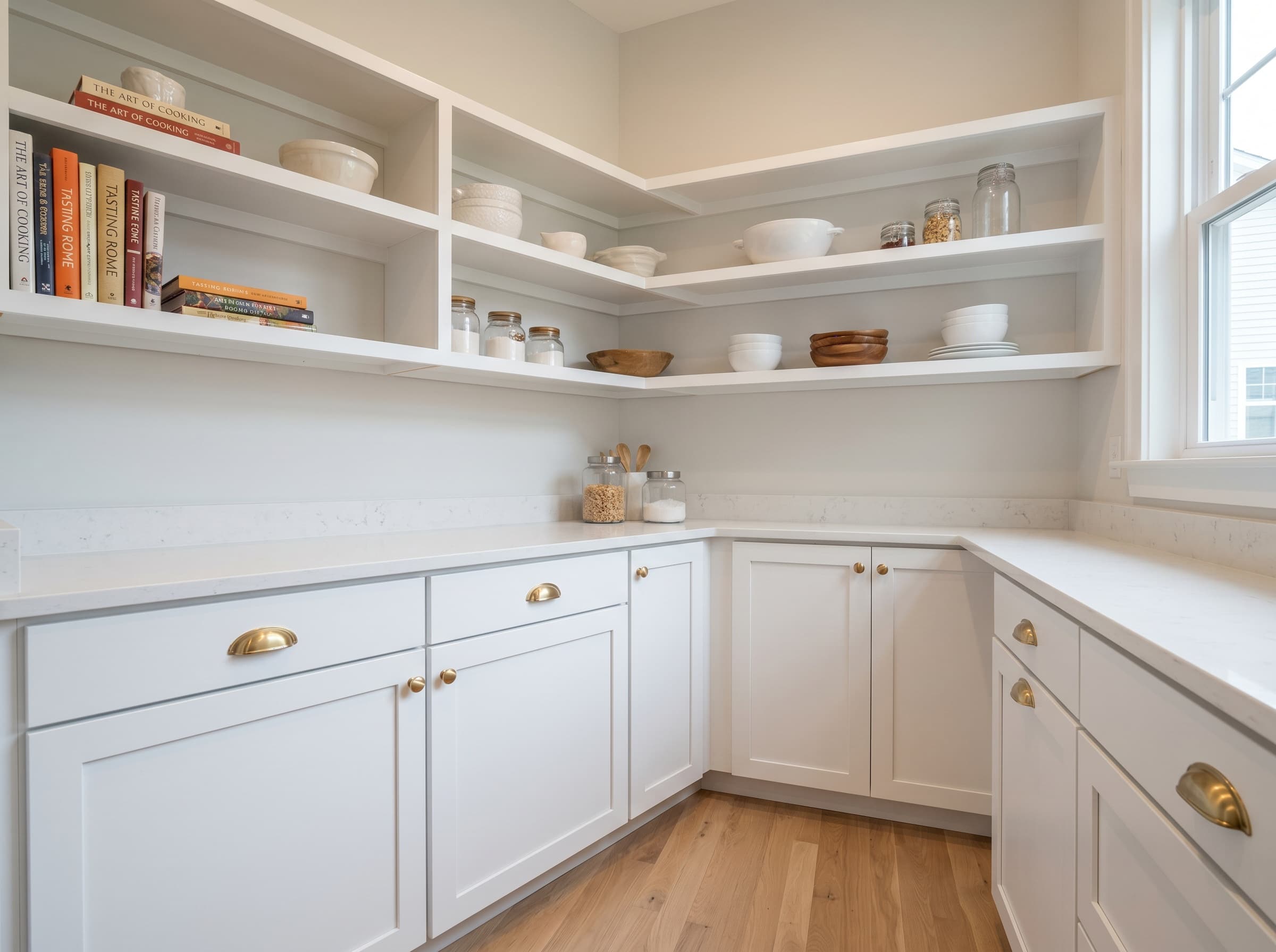 Brookhaven, GA · Corner built-in pantry with quartz counter and open shelves.