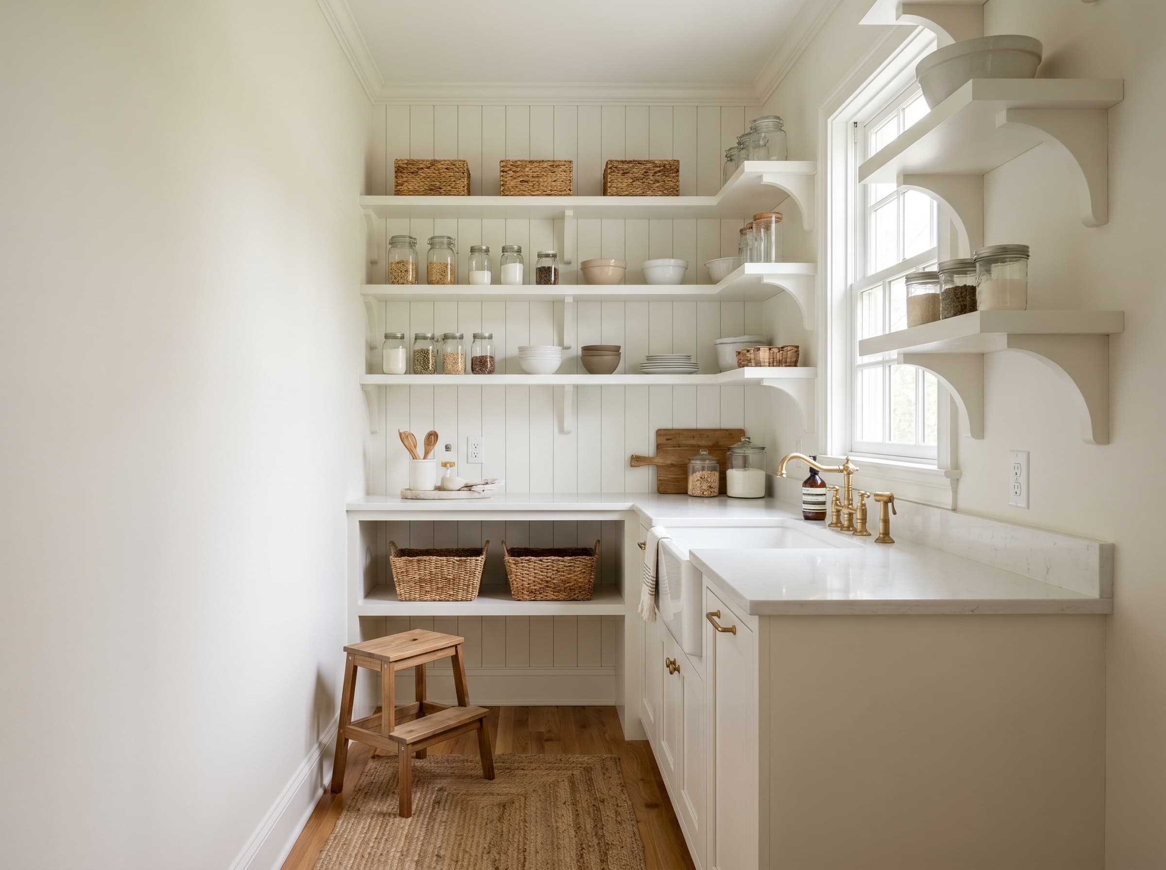Cumming, GA · Cottage scullery with beadboard back wall and open shelves.