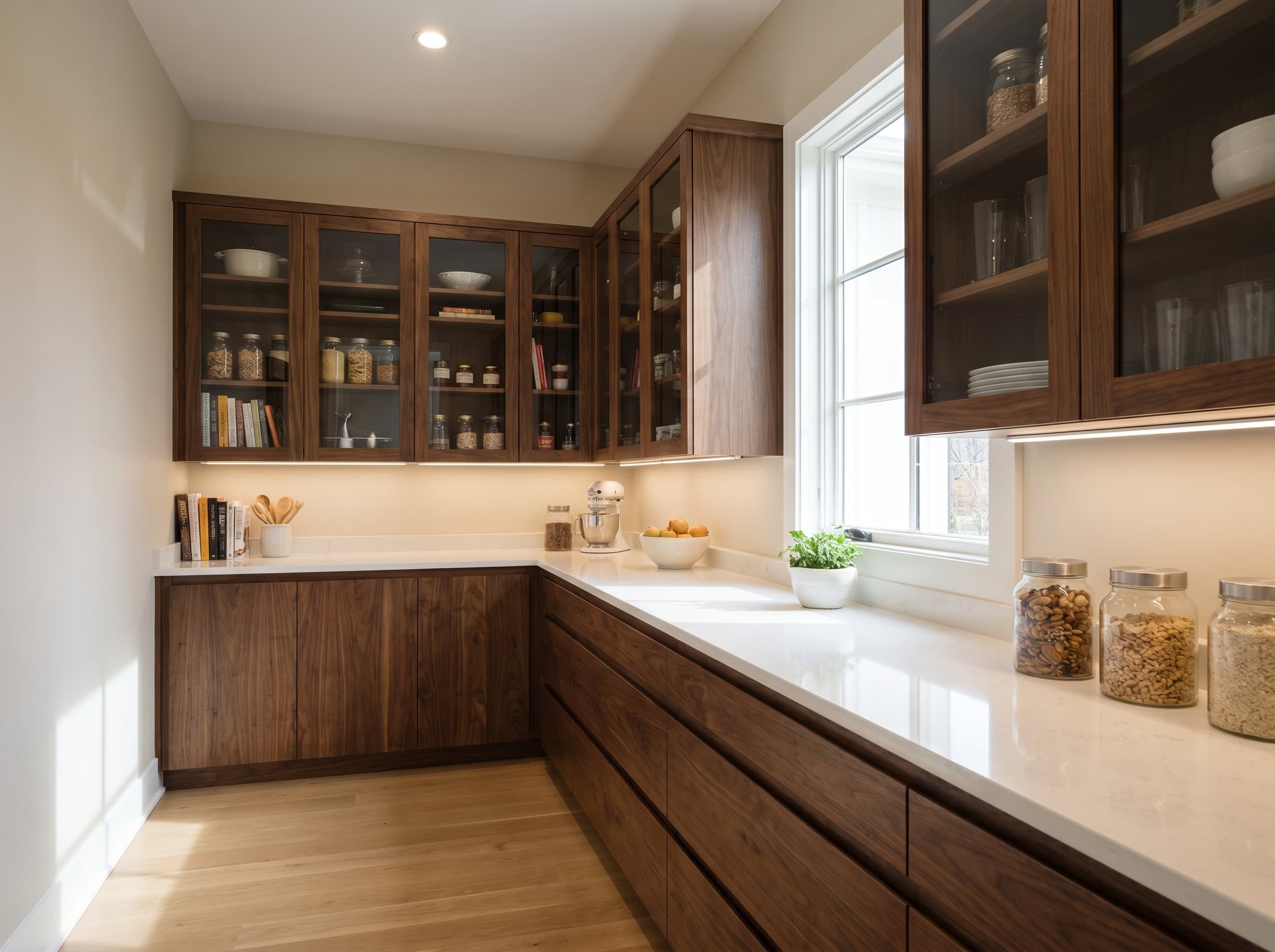 Roswell, GA · Luxury walnut walk-in with glass-front display cabinets.