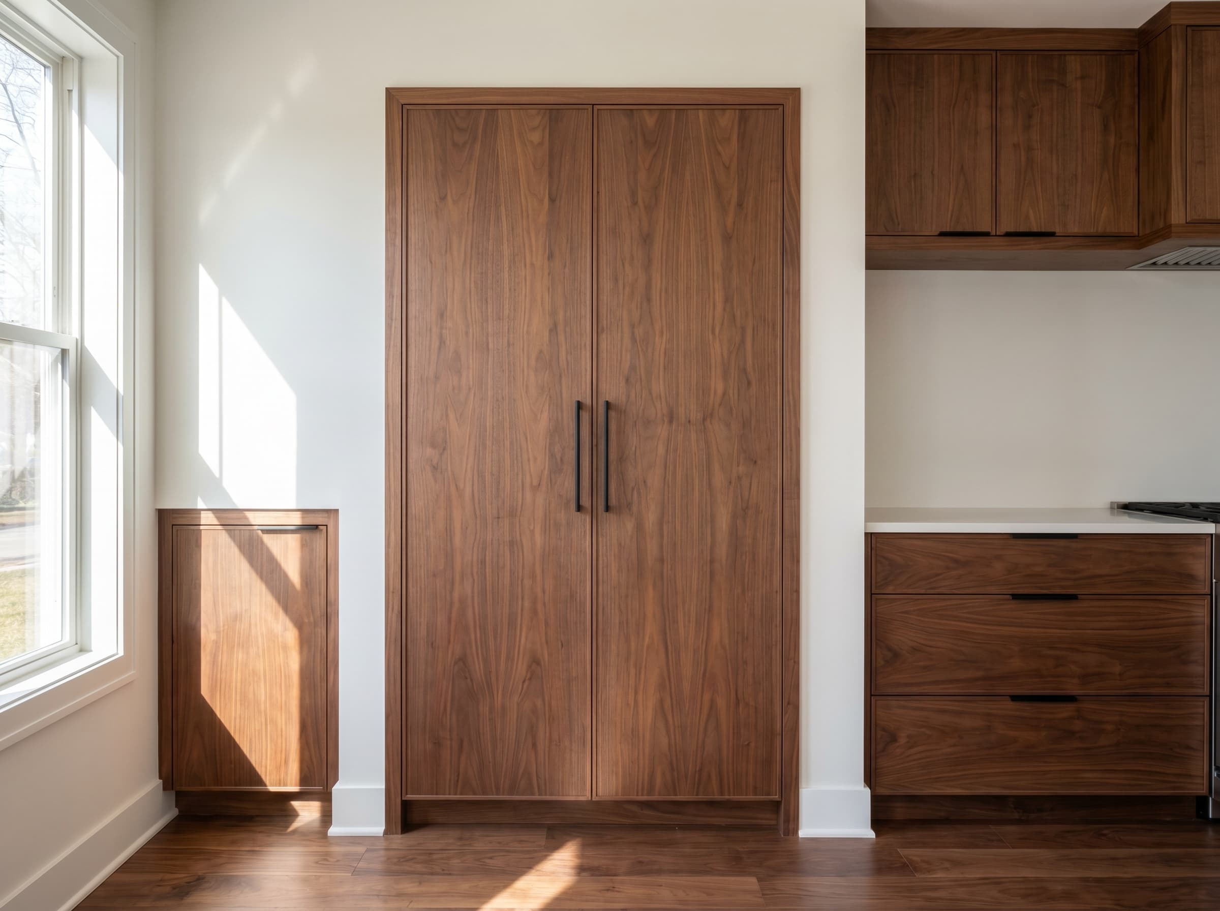 Woodstock, GA · Walnut slab reach-in with glass-front display upper.
