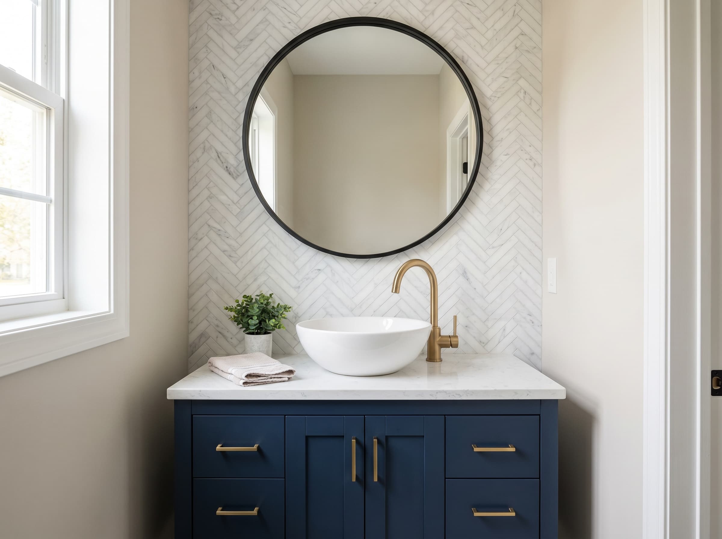 Alpharetta, GA · 30" navy shaker powder vanity with brass vessel faucet.