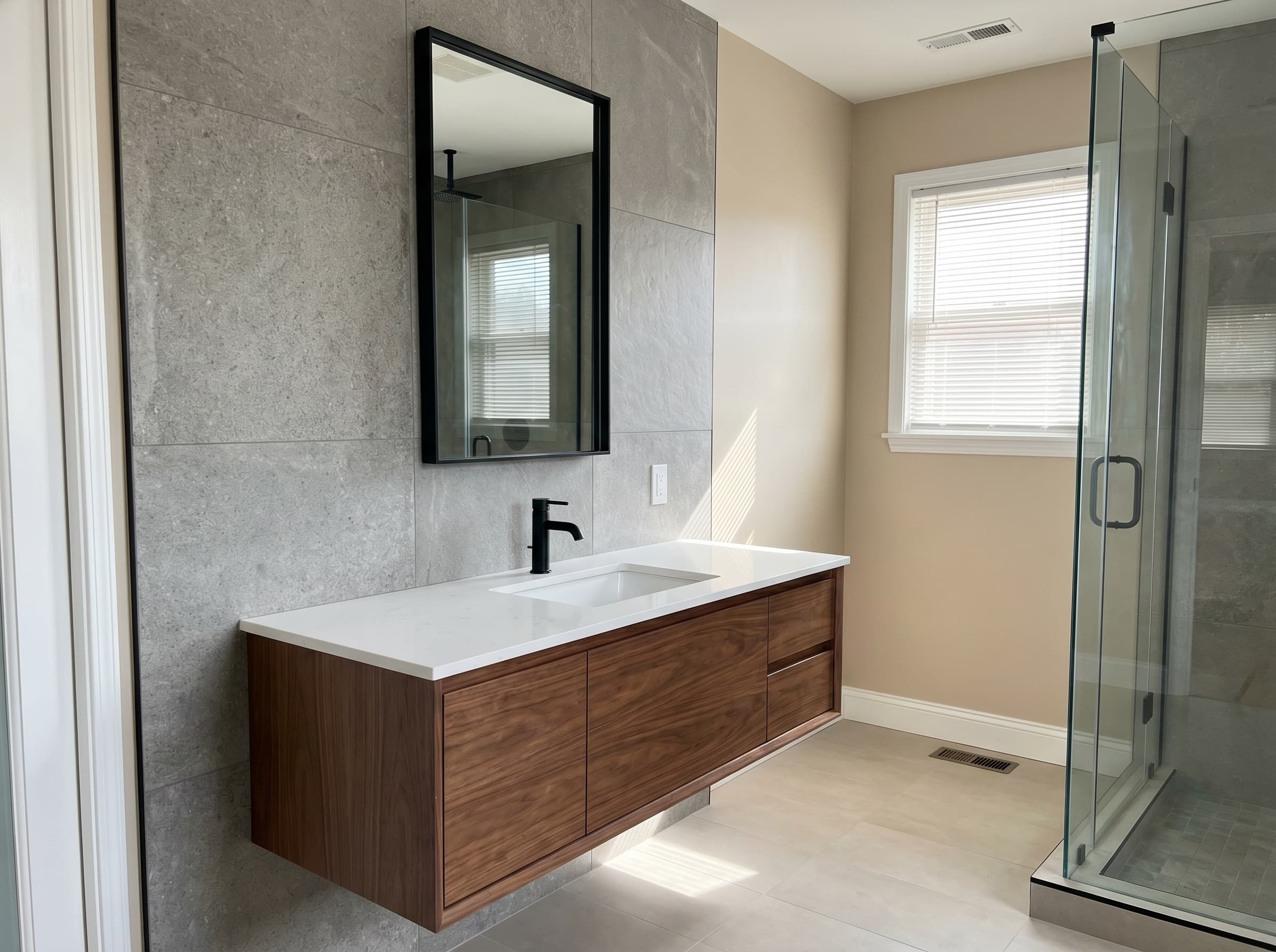 Buford, GA · 48" wall-mounted walnut slab single with integrated sink.