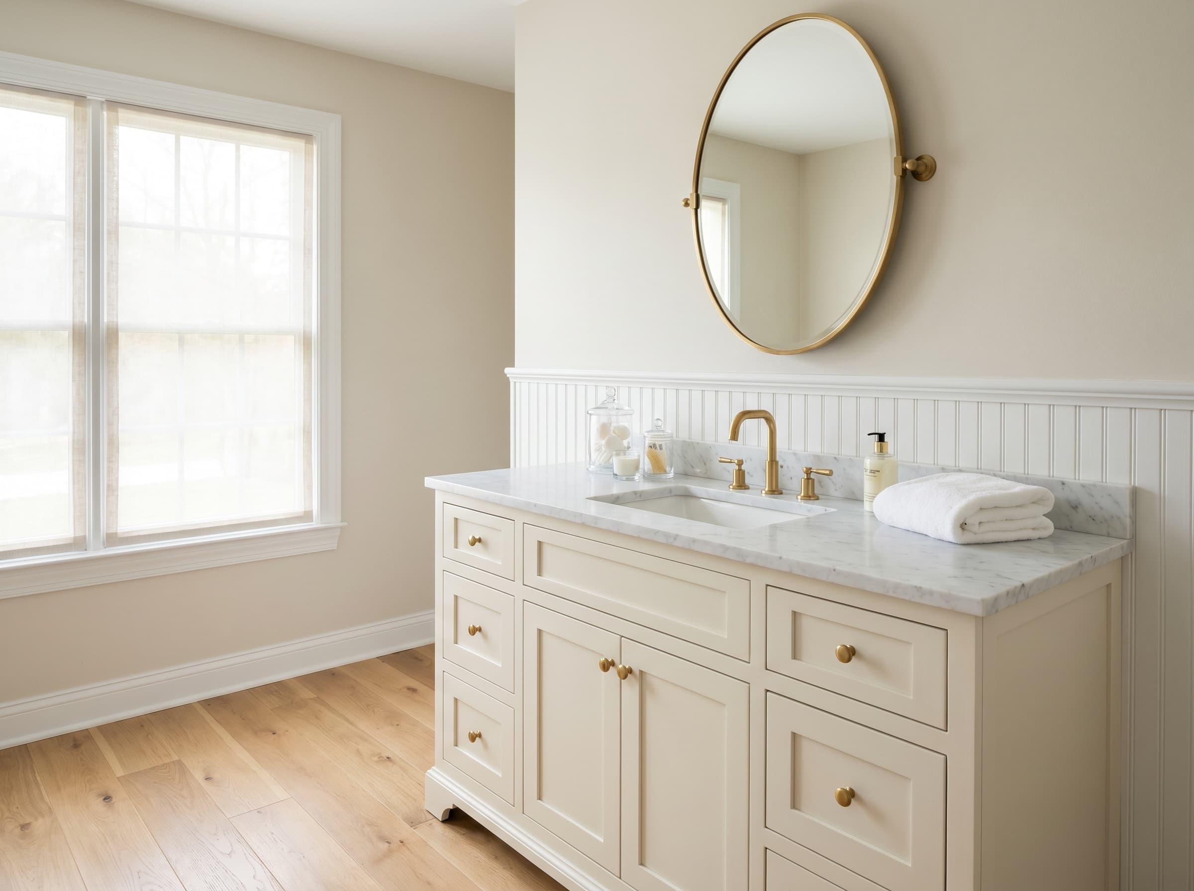Cumming, GA · 48" cream shaker single with carrara marble and brass faucet.