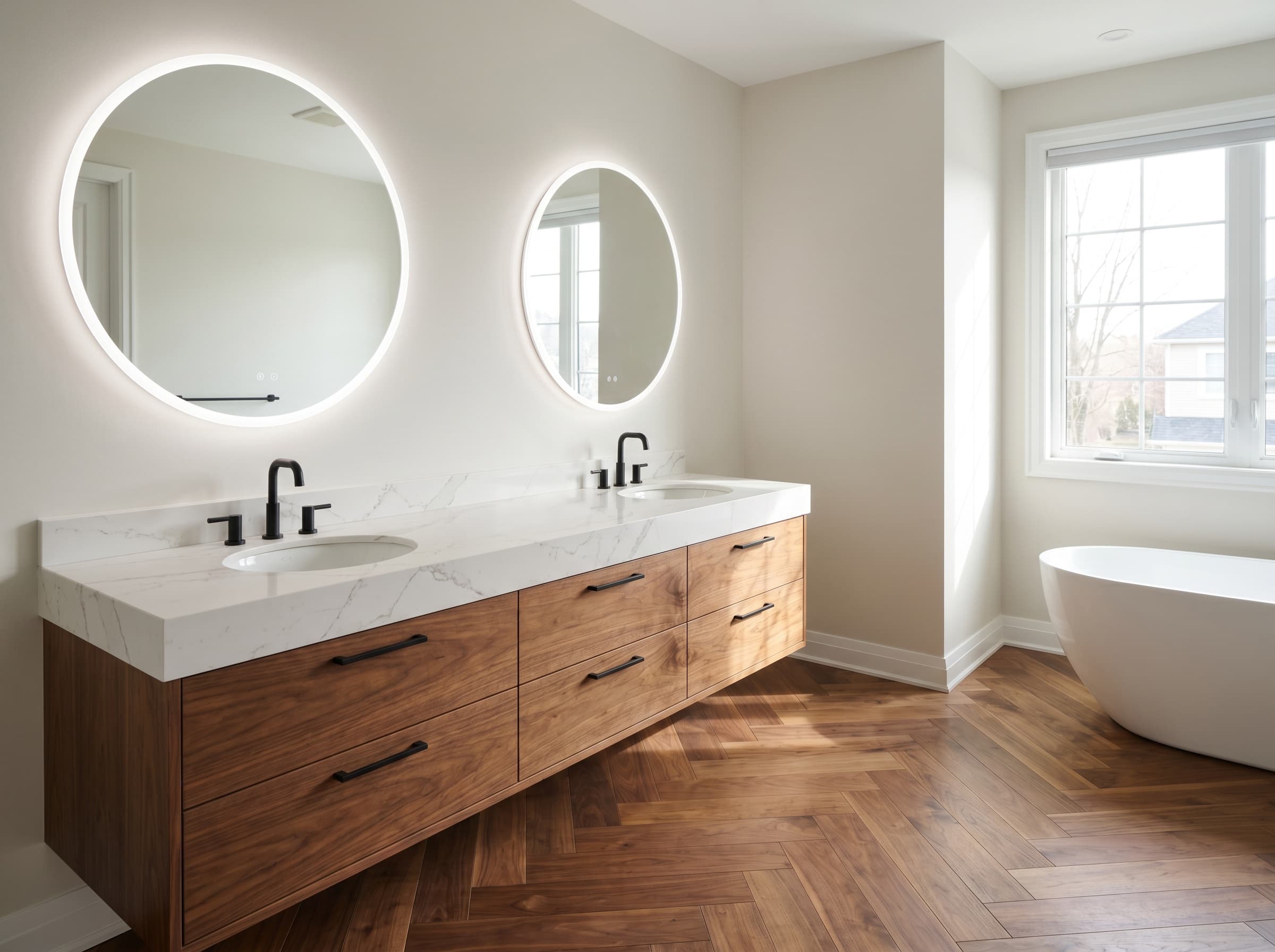 Roswell, GA · 72" walnut slab double with backlit round mirrors.
