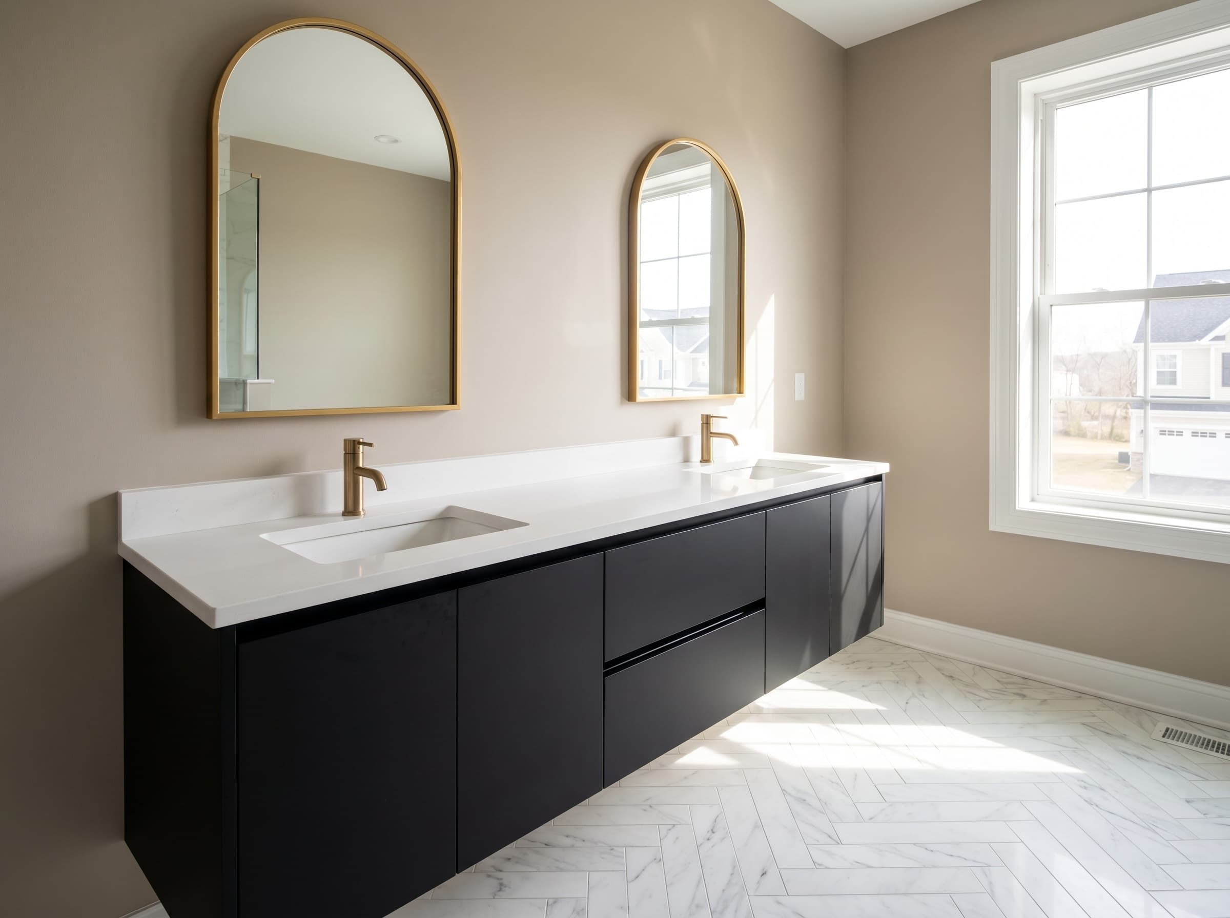 Smyrna, GA · 72" matte black slab double with arched gold-framed mirrors.